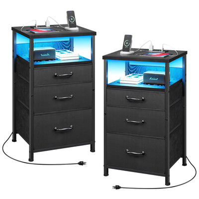 YeTom Nightstand with Charging Station Set of 2, LED Night Stand with 3 Fabric Drawers, Side Table with Open Shelf, End Table with Steel Frame, 3 Drawer Dresser for Bedroom, Black