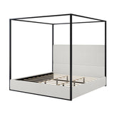 Modern Luxury 4-Poster Canopy Platform Bed King Size with Velvet Upholstered Tall Headboard, Metal Canopied Design Platform Bed Frame with Strong Slats Support (White+Black+King) XD Designs