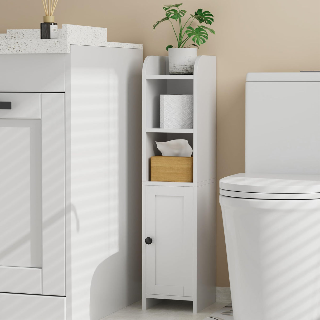 Homhedy Small Bathroom Storage Corner Floor Cabinet with Door and Shelves, Beside The Toilet Cabinet for Skinny, Narrow Toilet Paper Cabinet, Adjustable Shelf, White Homhedy