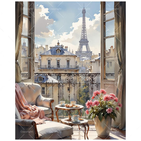 Paris Balcony Paint by Numbers Kit for Adults - DIY Eiffel Tower and Tea Setting Painting on Canvas 16x20In, Acrylic Paint Set, Suitable for Beginners, Art for Home Decoration or Gifts DecorFriday