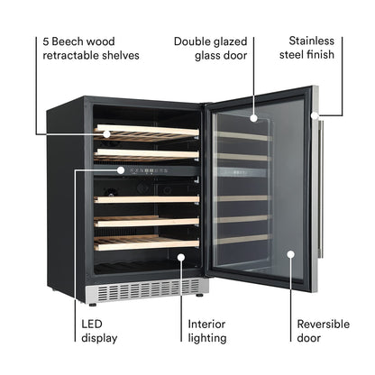 Everdure 46 Bottle Luxury Wine Cooler & Beverage Refrigerator, Built in or Free-Standing, Dual Zone, Stainless Steel with Reversible Glass Door, Beech Wood Shelves and LED Display Touchpad - WoodArtSupply