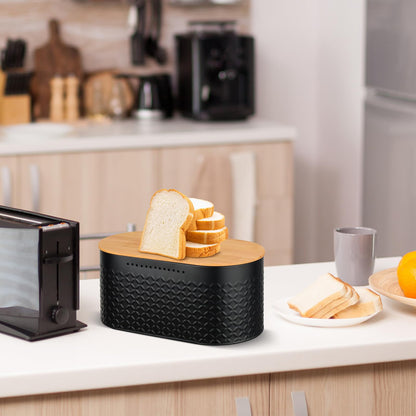 Hossejoy Metal Bread Box with Reversible Bamboo Cutting Lid, Bread Storage Container for Kitchen Countertop, Modern Bread Bin Holder Breadbox (Black) - WoodArtSupply