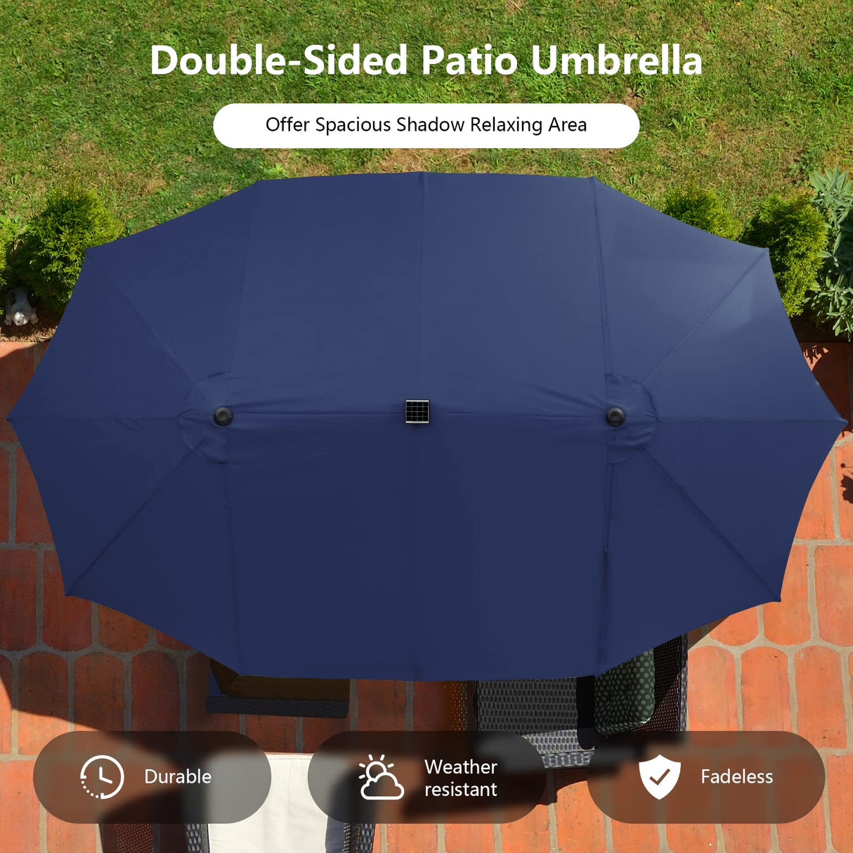 Tangkula 15 Ft Twin Patio Umbrella with 48 LED Lights, Double-Sided Outdoor Umbrella W/ Auto-Charging Solar Panel, Extra-Large Outdoor Market Umbrella W/ Hand-Crank System for Poolside, Garden & Backyard (Navy Blue) Tangkula