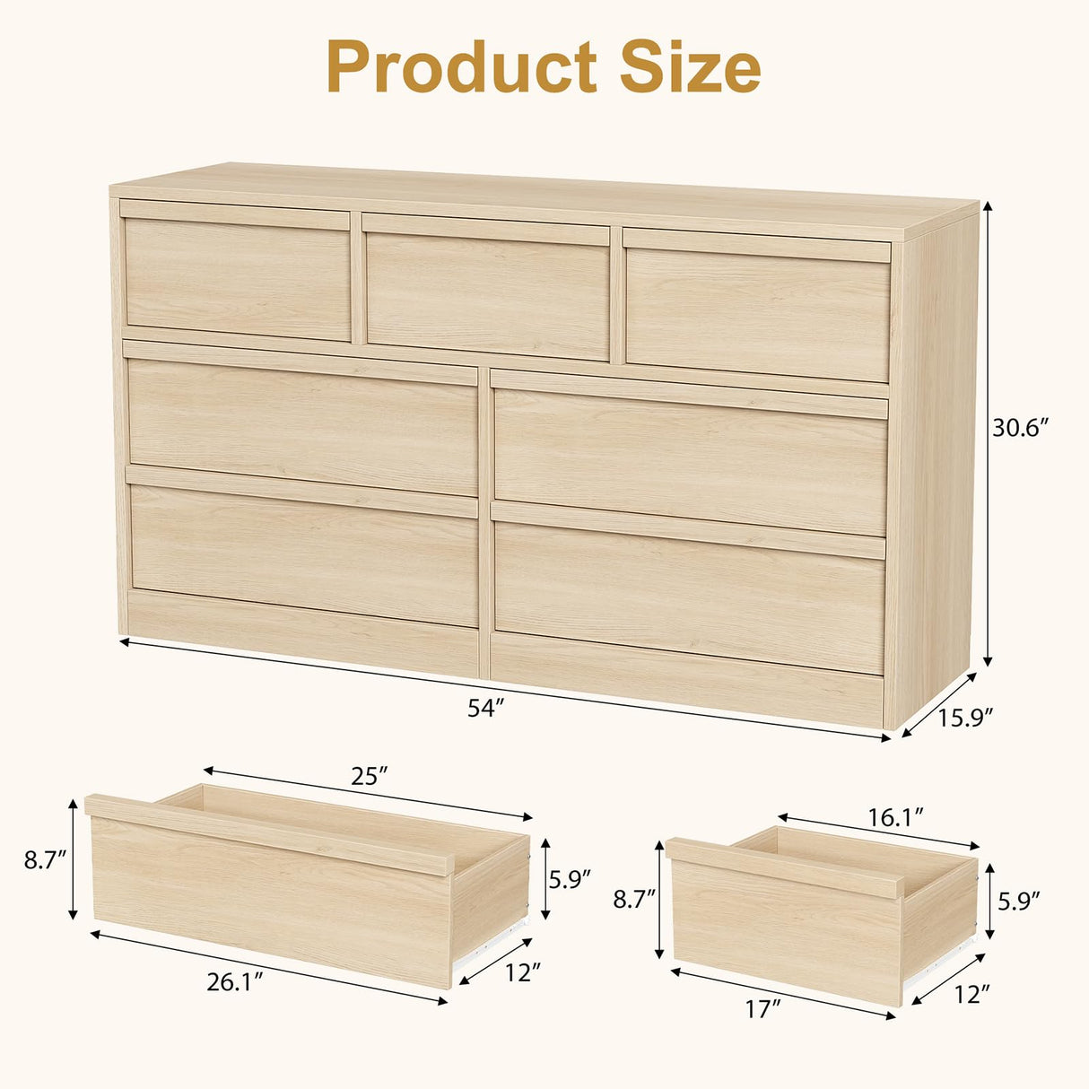 GarveeHome 7 Drawer Dresser for Bedroom, Modern Double Dresser Organizer with 7 Drawers Large Storage, Wooden Chest of Drawers for Bedroom, Living Room, Nursery - Natural GarveeHome