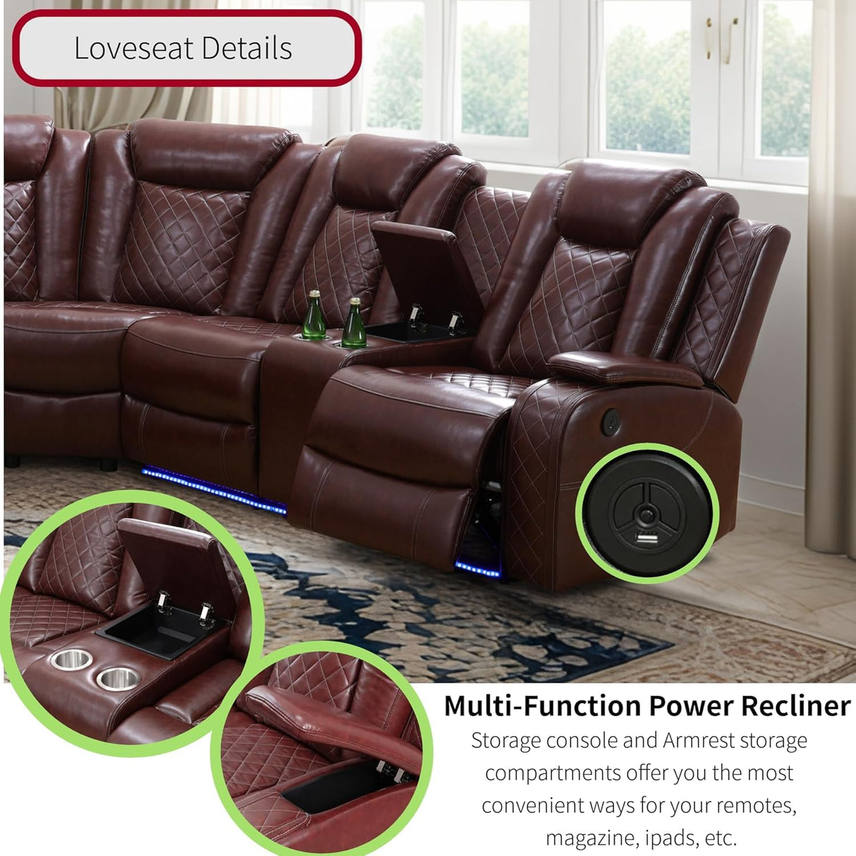 Power Recliner Sofa Sectional Sofa with LED Light for Living Room, Air Leather Reclining Corner Sectional Sofa Set, Cup Holder, Storage Console for Home Theater Seating (Burgundy, Sectional+Chair) AYCP Furniture