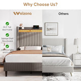 King Bed Frame with 55.3" Tall Headboard, Corduroy Upholstered Platform Bed with LED Lights & Charging Station, Wingback Storage Headboard, Solid Wood Slats,Noise Free,No Box Spring Needed,Gray Brown Welzona