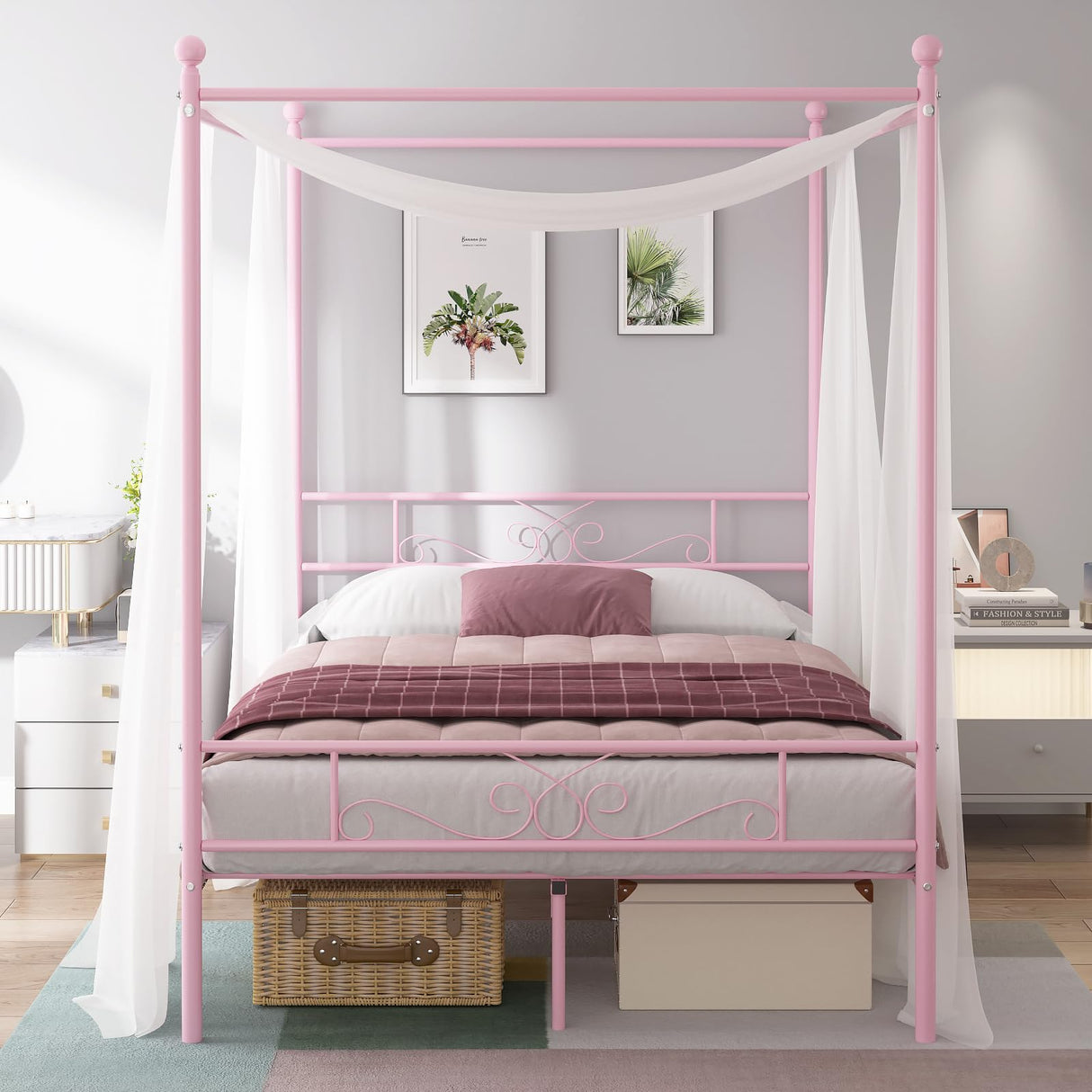Weehom Full Canopy Bed Frame with Headboard and Footboard, 4 Posters Metal Bed Frame, No Box Spring Needed, Mattress Foundation Platform Bed for Kids and Adults, Pink Weehom