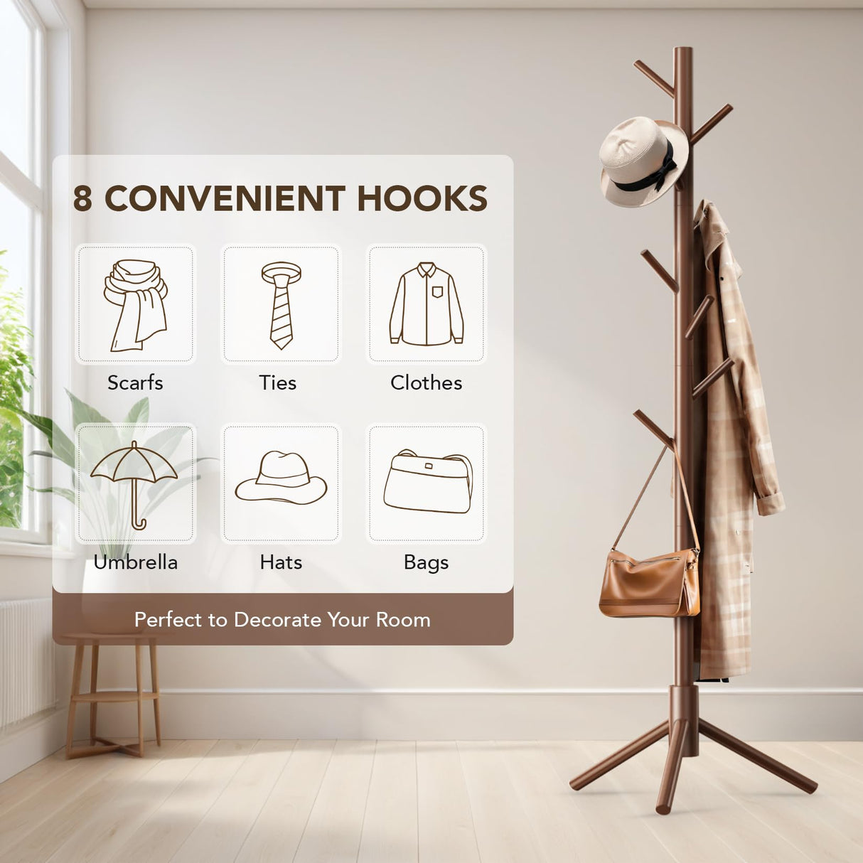 Hupmad Wooden Tree Coat Rack Stand,Sturdy Freestanding Coat Rack with 8 Hooks,3 Adjustable Height for Child Adult,Wood Coat Stand Tree Fits Entryway Bedroom Office for Bags,Hats Hupmad