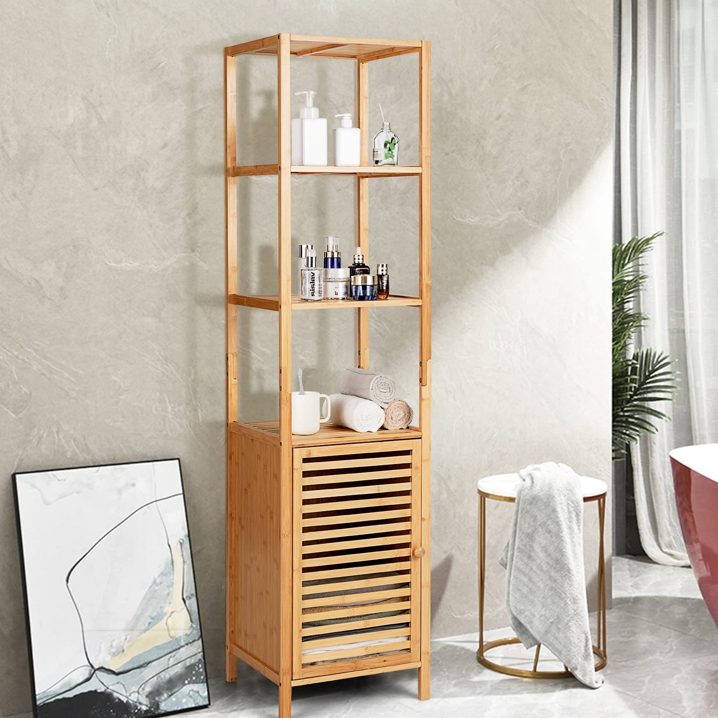 LOKO Tall Bamboo Cabinet, Slim Narrow Floor Storage Cabinet with 3 Tier Shelves & Shutter Door, Freestanding Linen Tower Cabinet for Bathroom, Living