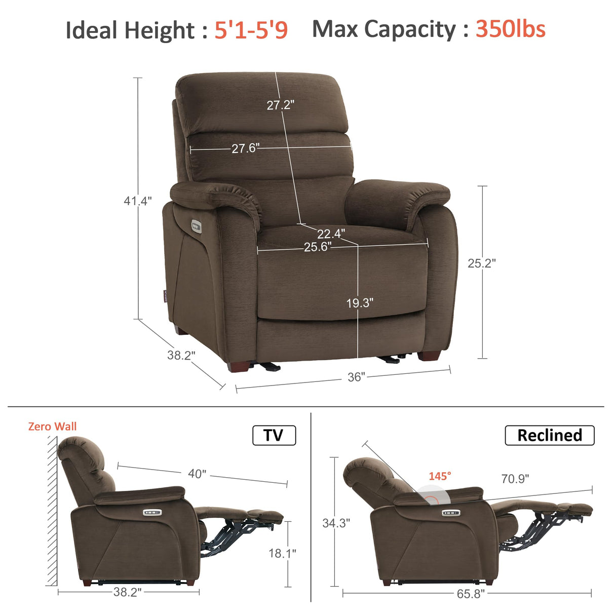 MCombo Power Zero Wall Hugger Recliner Chair for Small Space RV Living Room, Power Recliner with Adjustable Headrest, USB & USB-C Charging Ports, Fabric ST257 (Coffee) MCombo