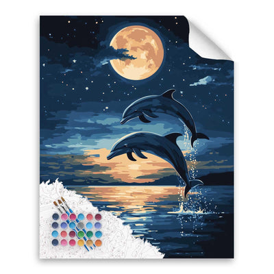 Ocean Animals Paint by Number, Dolphin Paint by Numbers Kit for Adults, Dolphins at Moonlight Acrylic Painting, Blue Ocean Wall Art, Gift & Home Wall Decor - Dolphin Jumping(16x20inch, No Frame)