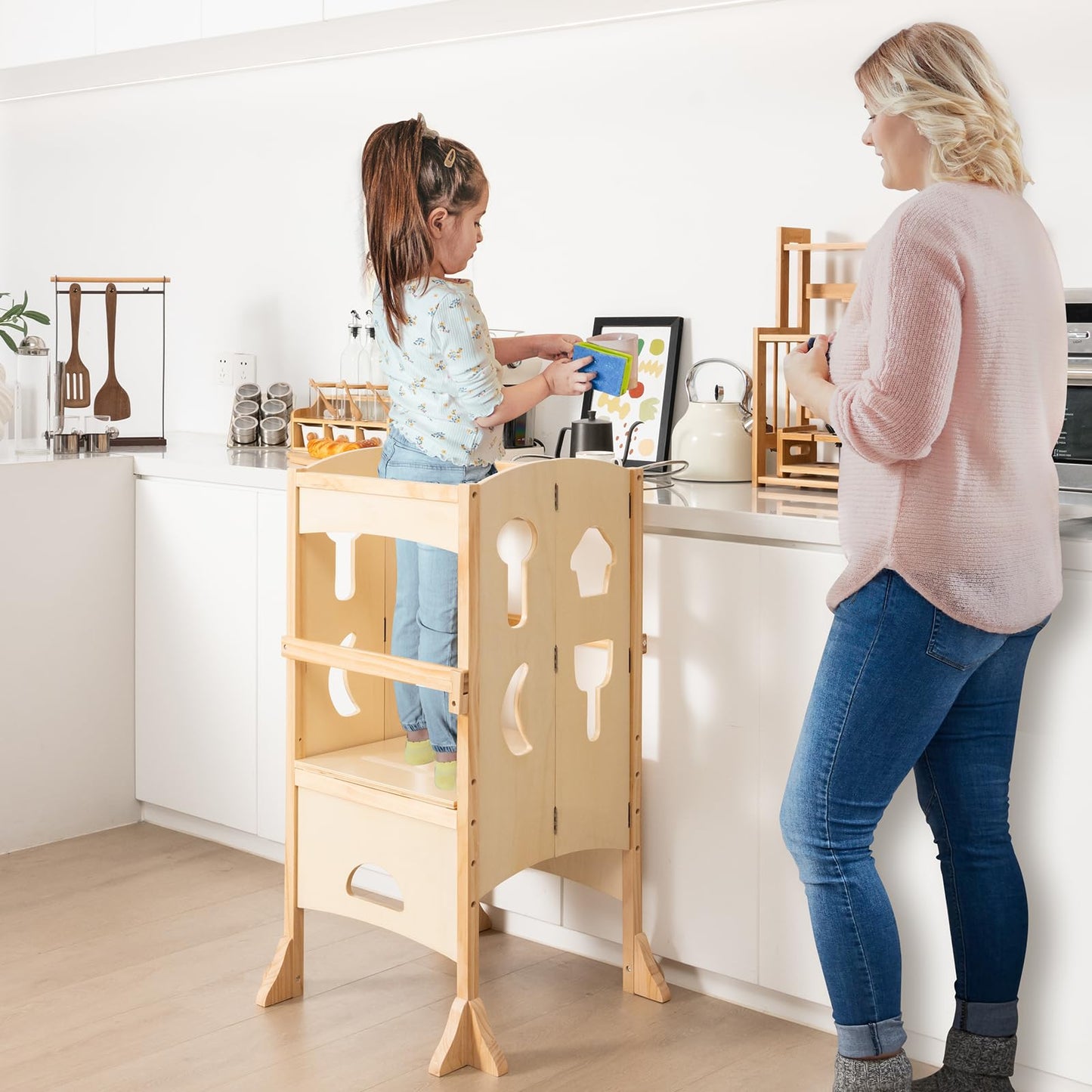 Costzon Toddler Tower, Foldable Kids Kitchen Step Stool w/Safety Rail, Height Adjustable Wood Standing Tower for Toddlers, Montessori Child Learning Tower for Bathroom, Kitchen Counter