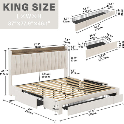 ANTCOR King Size Upholstered Bed Frame with Storage Headboard and Charging Station, Beige - WoodArtSupply