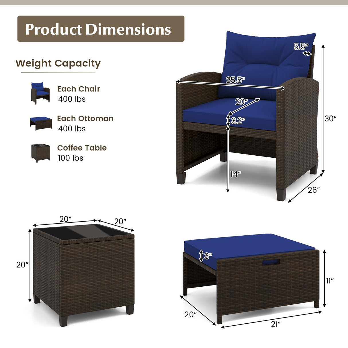 ORALNER 5 Pieces Patio Furniture Set with Ottoman, Wicker Conversation Set w/Cushions, Glass Coffee Table, Outdoor Rattan Lounger Chairs Bistro Set for Porch Balcony Garden Deck Poolside (Navy) ORALNER