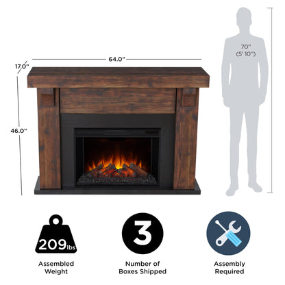 Real Flame Gunnison Grand 64” Electric Fireplace with Mantel for Living Room or Bedroom, Replaceable Fireplace Insert Heater, Realistic Log and Flame Effect, Remote Control, Timer, Barnwood