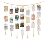 Mkono Macrame Hanging Photo Display Wall Decor with String Lights, Boho Wooden Beads Garland Collage Picture Card Frame Holder with 45 Clips for Bedroom Living Room Dorm, Teen Girls Christmas Gifts Mkono