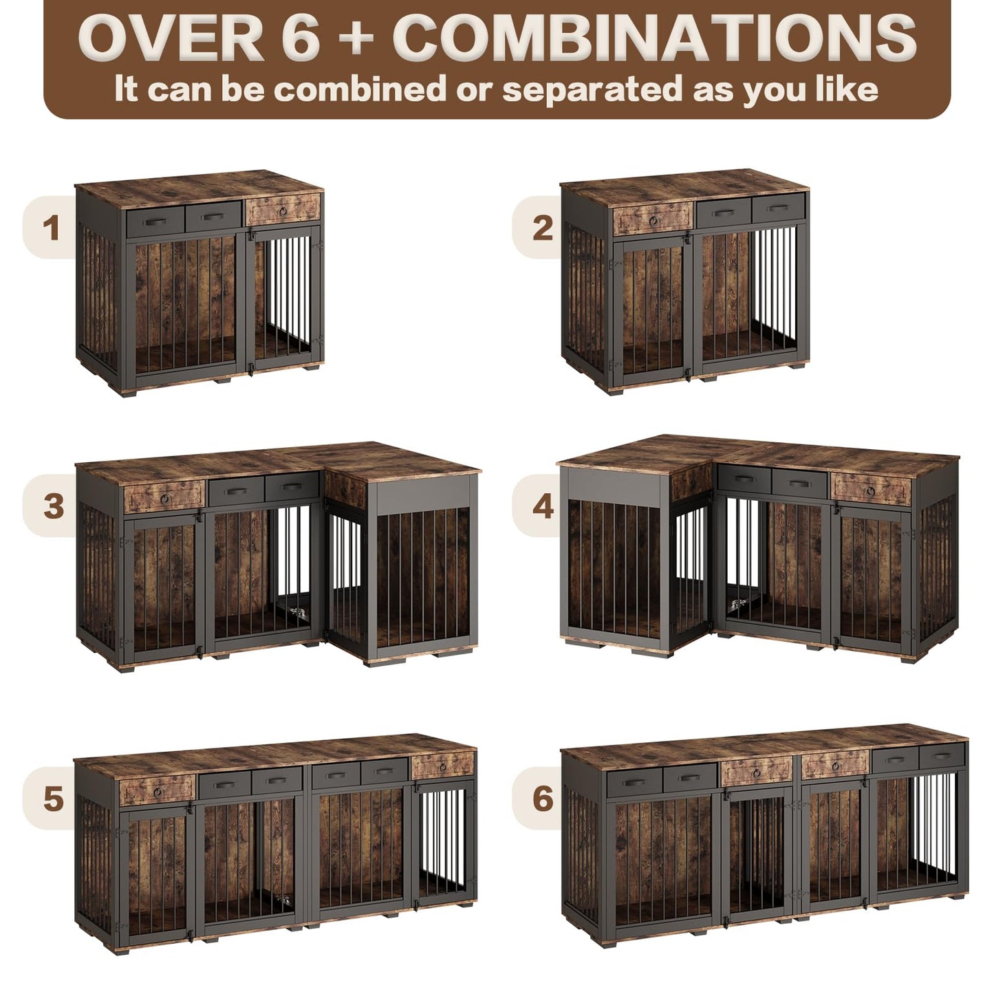 85.4" Dog Crate Furniture for 2 Dogs,Wooden Furniture Style Double Dog Kennel Crates Cages Large Breeds TV Stand Table with Storage and Divider Indoor,6 Combinations,Rustic Brown