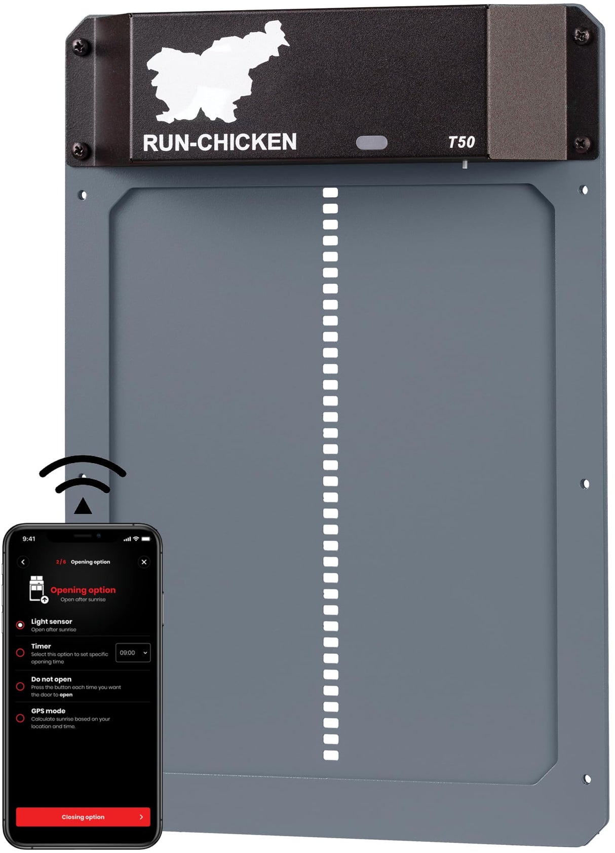 RUN-CHICKEN Door (Gray) Automatic Chicken Coop Door, Programmable with App, Battery Operated, Evening and Morning Delay, Aluminum Door, Electric Chicken Run Door, Model T50 RUN-CHICKEN