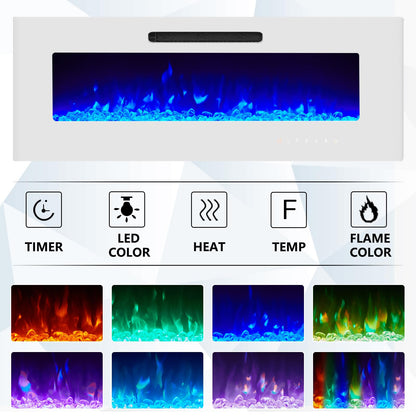 AMERLIFE Floating Fireplace TV Stand, Wall Mounted Mirrored Entertainment Center with 40" Electric Fireplace, Modern LED Lights Media Console for TVs Up to 90", All White