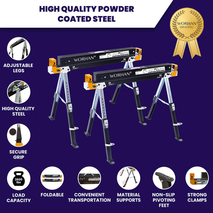 WORHAN Sawhorse Twinpack 2600 lbs Jobsite Table Folding Quickly Adjustable Legs Support Arms Sawing Non Slip Trestle Sawmule Steel Workbench S600A - WoodArtSupply