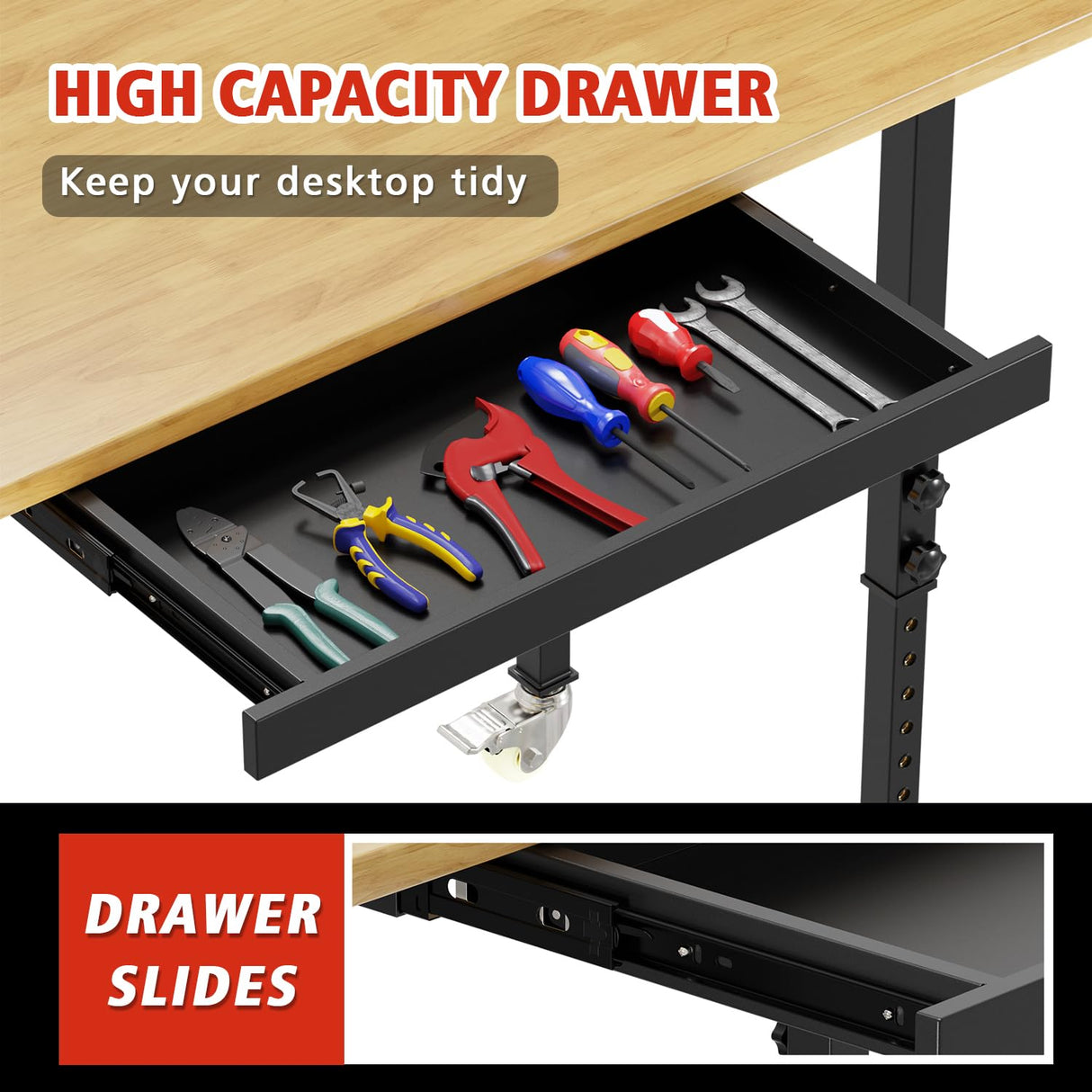 60" Adjustable Workbench with Drawer Storage, Heavy Duty Rubber Wood Work Table with Power Outlet and 4 Lockable Wheels, 2000 LBS Load Capacity Workstation for Garage, Home, Office SGmory