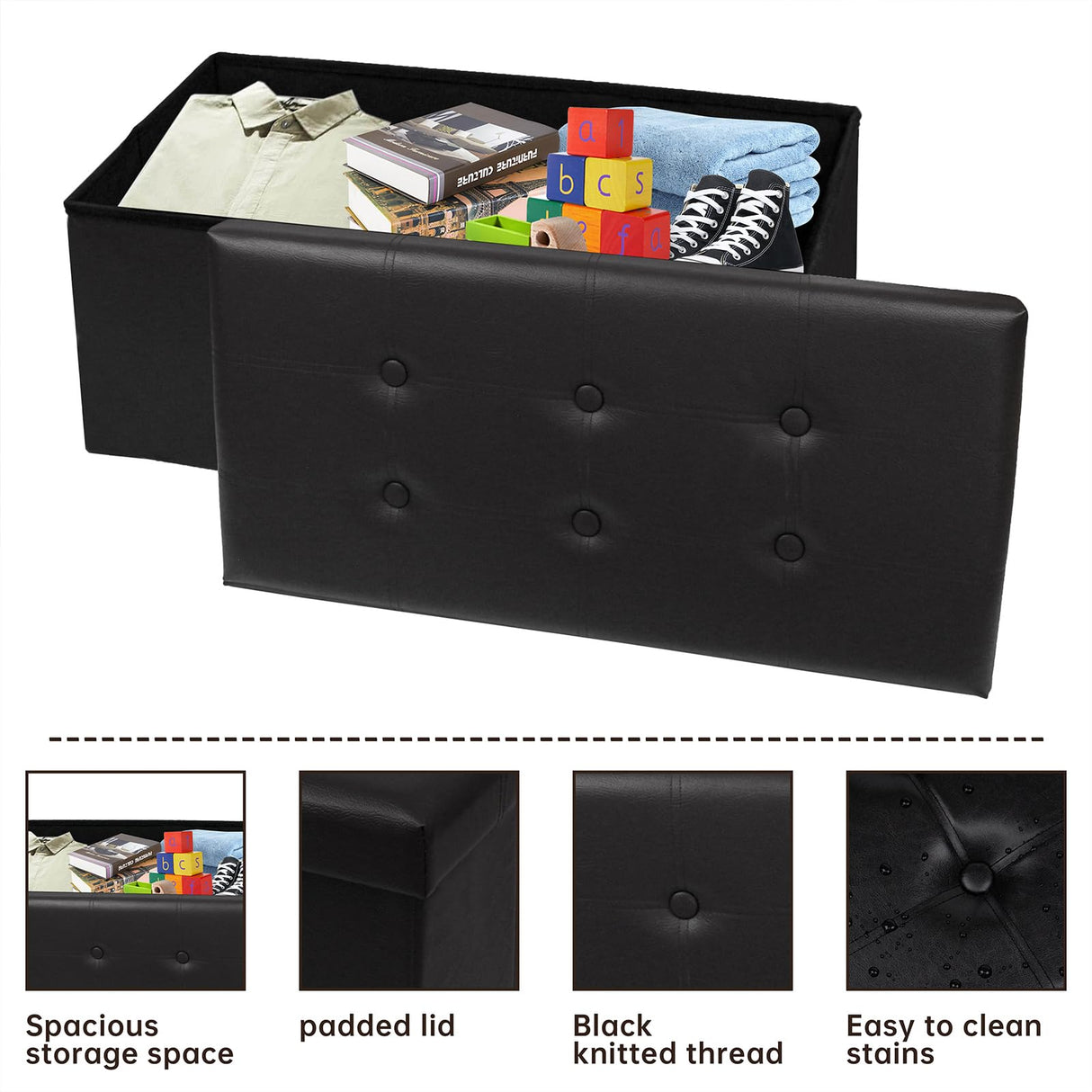 xupersodys 30 Inches Folding Storage Ottoman Bench, Faux Leather Footrest Ottoman, Storage Trunk Footrest for Bedroom, Living Room and Hallway, Support 350lbs, Black Black line xupersodys