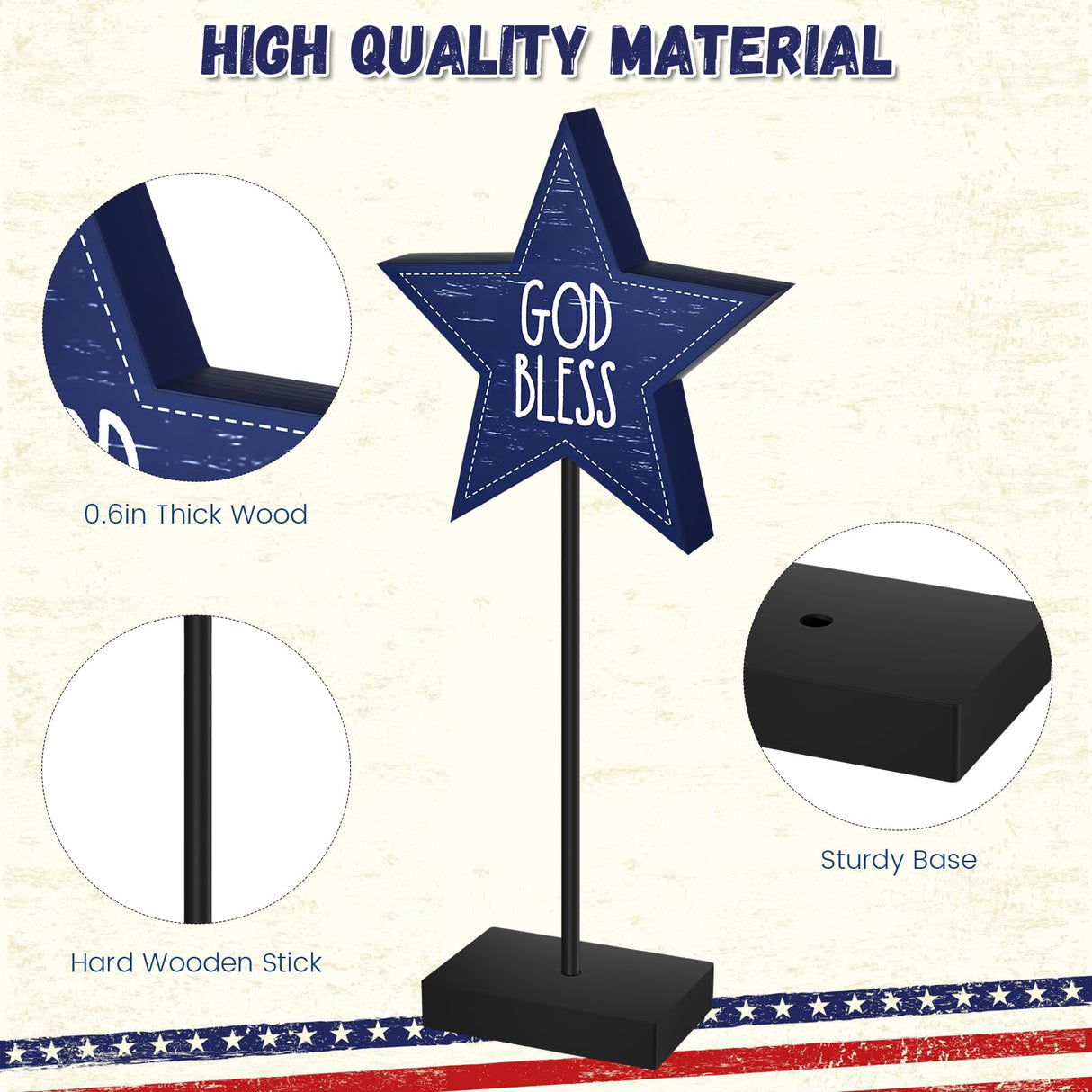 DECEED 3 PCS 4th of July Wood Star Table Sign, Wooden Patriotic Table Centerpieces, Rustic Memorial Day Table Decorations, Wood Standing Star, Red White and Blue Decorations for Home Office (Text) DECEED