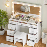 Likein Vanity Desk with Mirror and Lights, 47‘’ Glass Top Vanity with Power Strip, 9 Drawers Makeup Vanity with Lighted Mirror, White Vanity Set with Chair, 3 Lighting Modes Adjustable Brightness Likein