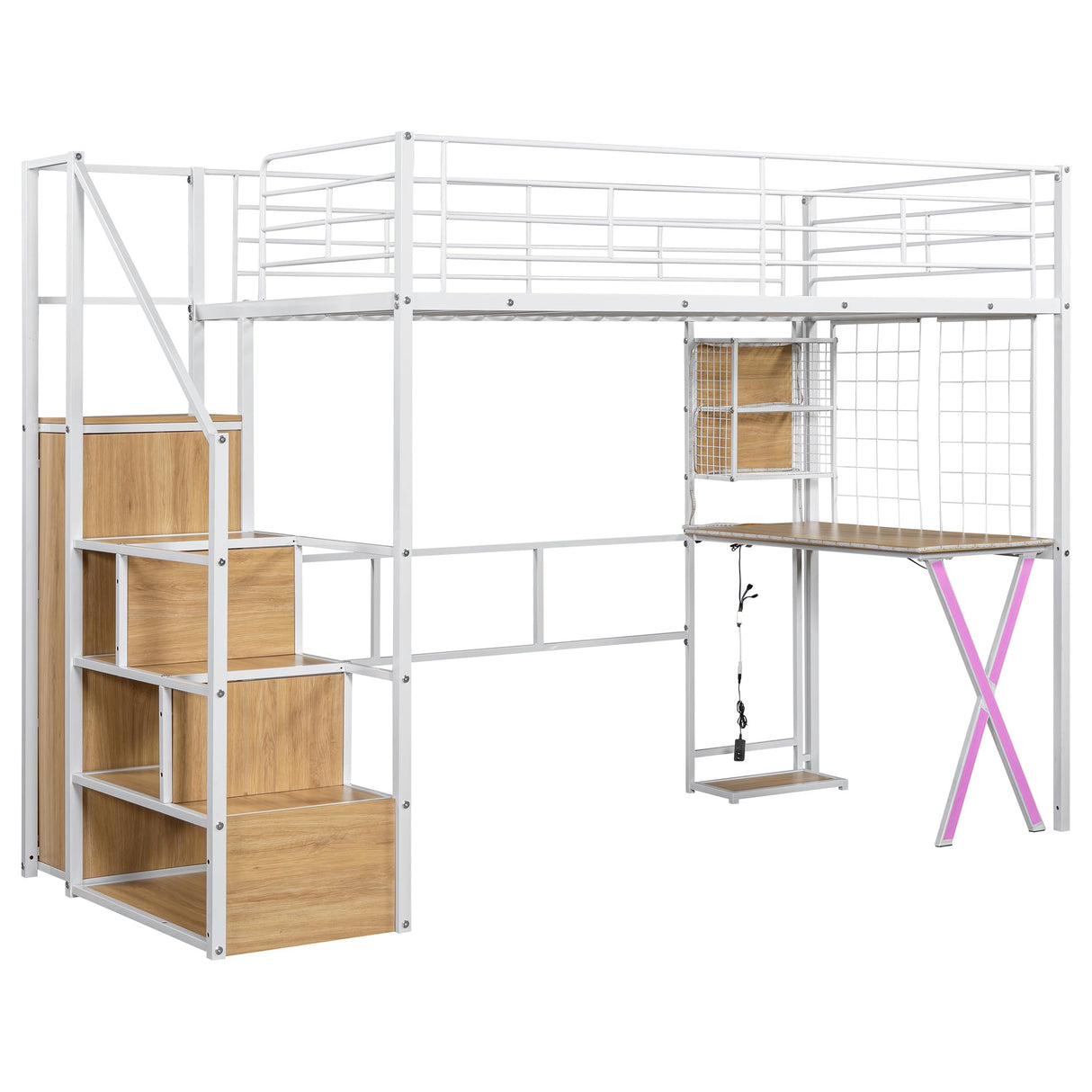 Harper & Bright Designs Twin Size Loft Bed with Storage Staircase, Work Station, Wardrobe and LED, Metal Loft Bed Twin Size for Kids Teens Adults,White Harper & Bright Designs