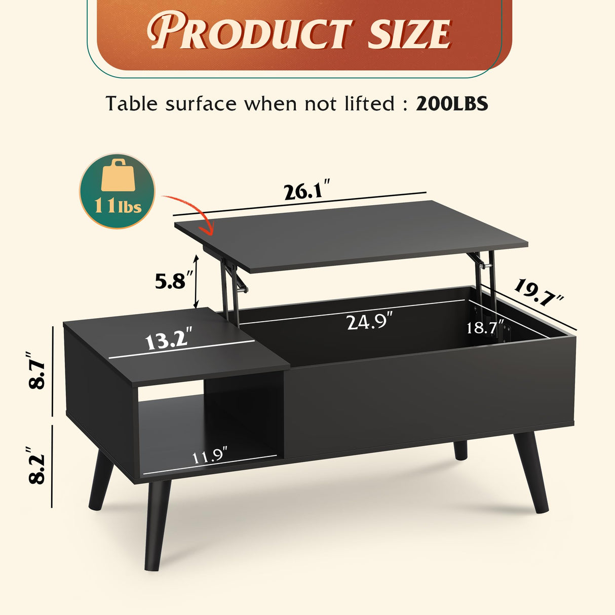 WLIVE Coffee Table for Living Room, Lift Top Coffee Table with Storage, Small Rising Wooden Dining Center Table with Storage Shelf & Hidden Compartment, 39" Black WLIVE