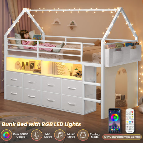 BTHFST Twin Size Loft Bed for Kids, 8 Storage Drawers & LED Lights, House Shaped Metal Bed with Bookcase, Soft Foam Ladder, 13.4" Safety Guardrail, Space Saving, Fun Curtain BTHFST