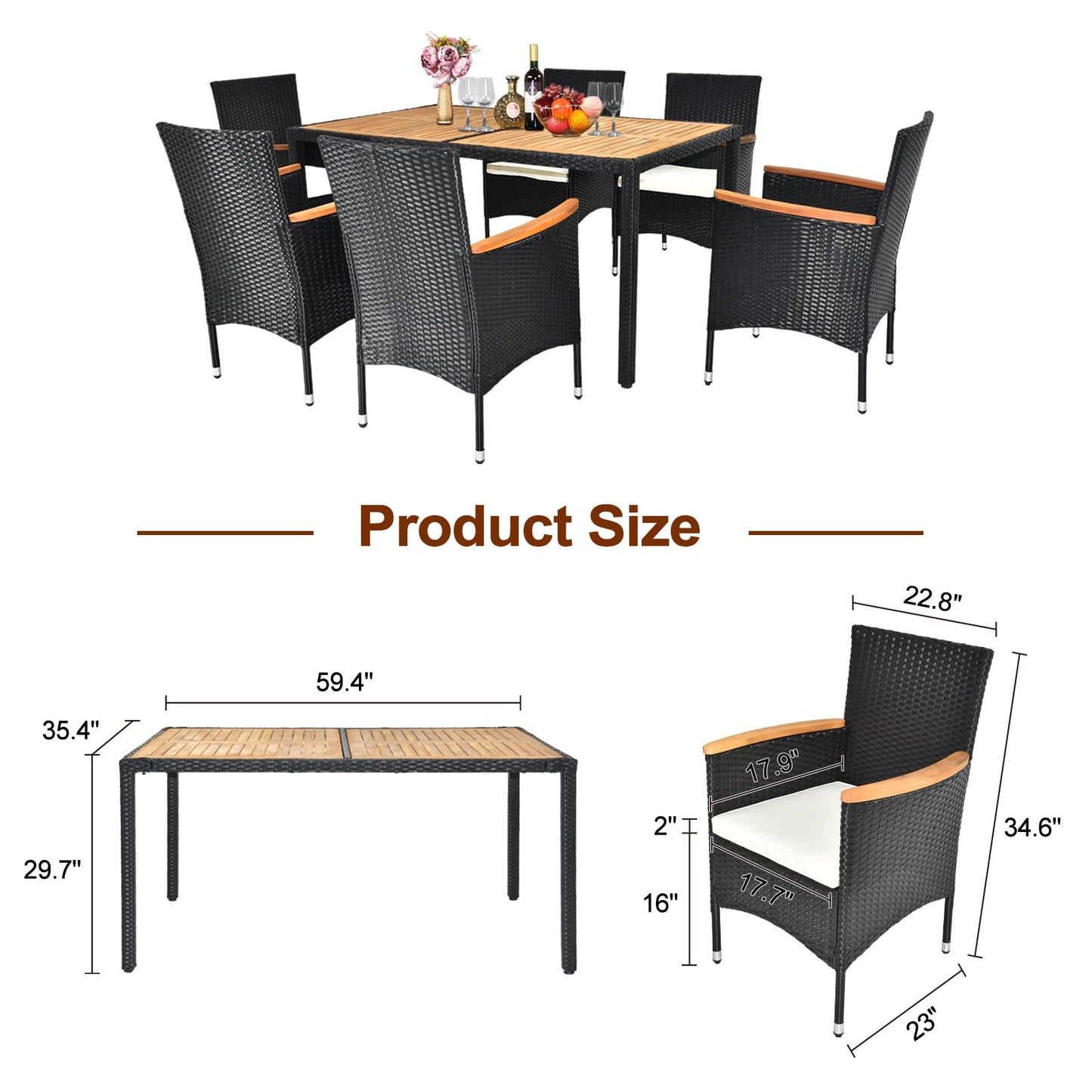 VINGLI 7 Pieces Patio Dining Set, Wicker Outdoor Dining Set for 6 Patio Furniture Set with Acacia Wood Table Outdoor Table and Chairs for Garden and Yard