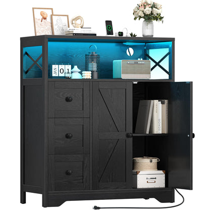 Yoobure Storage Cabinet with Doors and Shelves, LED Coffee Bar Cabinet with Power Outlet, Farmhouse Kitchen Buffet Cabinet with Drawers Accent Pantry Cabinet Sideboard for Living Room Entryway