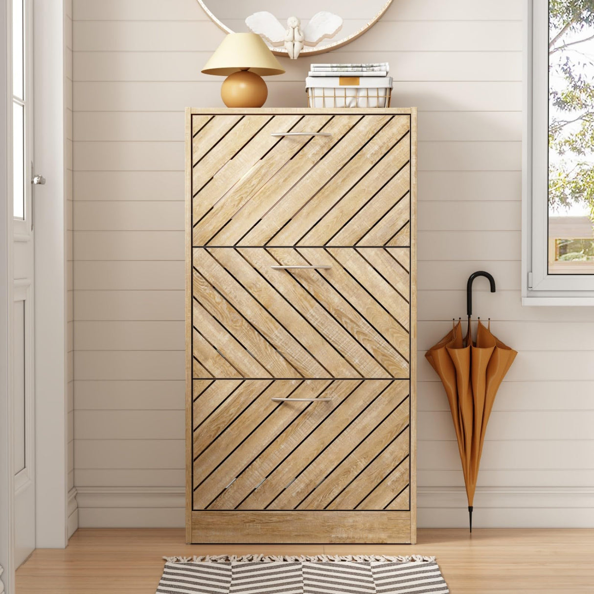 JOIKUJIA Shoe Cabinet with 3 Flip Drawers, Narrow Shoe Storage with Adjustable Shelf, Small Shoe Organizer Rack, Slanted Pattern, for Entryway Brown Wood Grain, 22.4”W x 9.4”D x 42.3”H JOIKUJIA