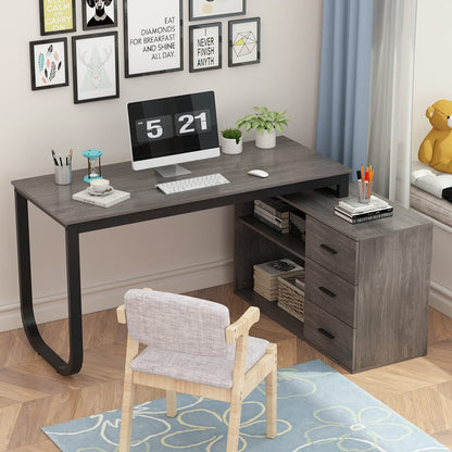 FUFU&GAGA Large 55.1" L-Shaped Office Desk with 41.3" File Cabinet, Corner Computer Desk with 3 Drawers & 2 Shelves, Workstation Executive Desk with Storage Shelf for Home Office - Grey - WoodArtSupply