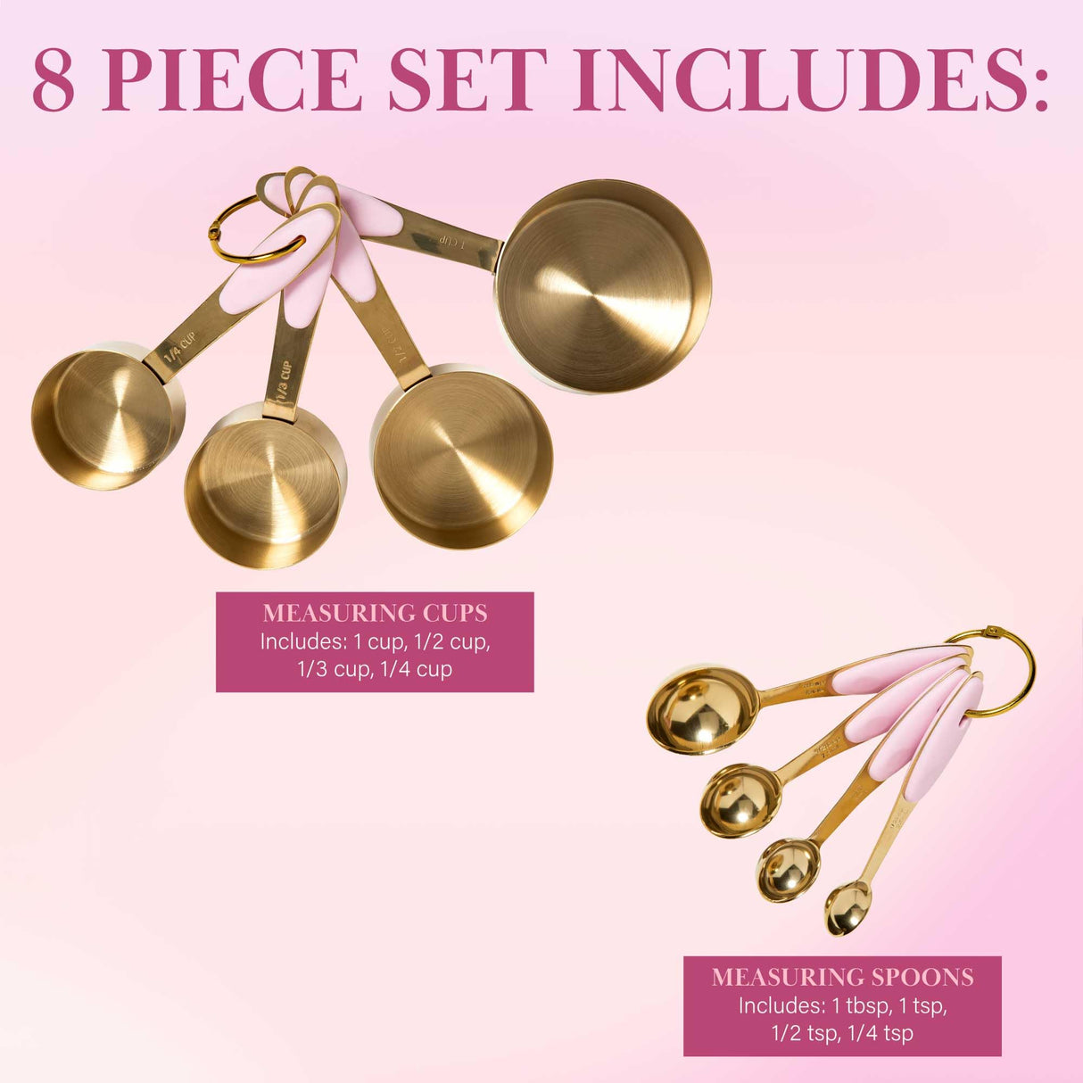 Paris Hilton Measuring Cups and Spoons Set, Stainless Steel with Pink Silicone Inset Handle, Dishwasher Safe, For Dry and Liquid Ingredients, 8-Piece Set, Gold and Pink Paris Hilton