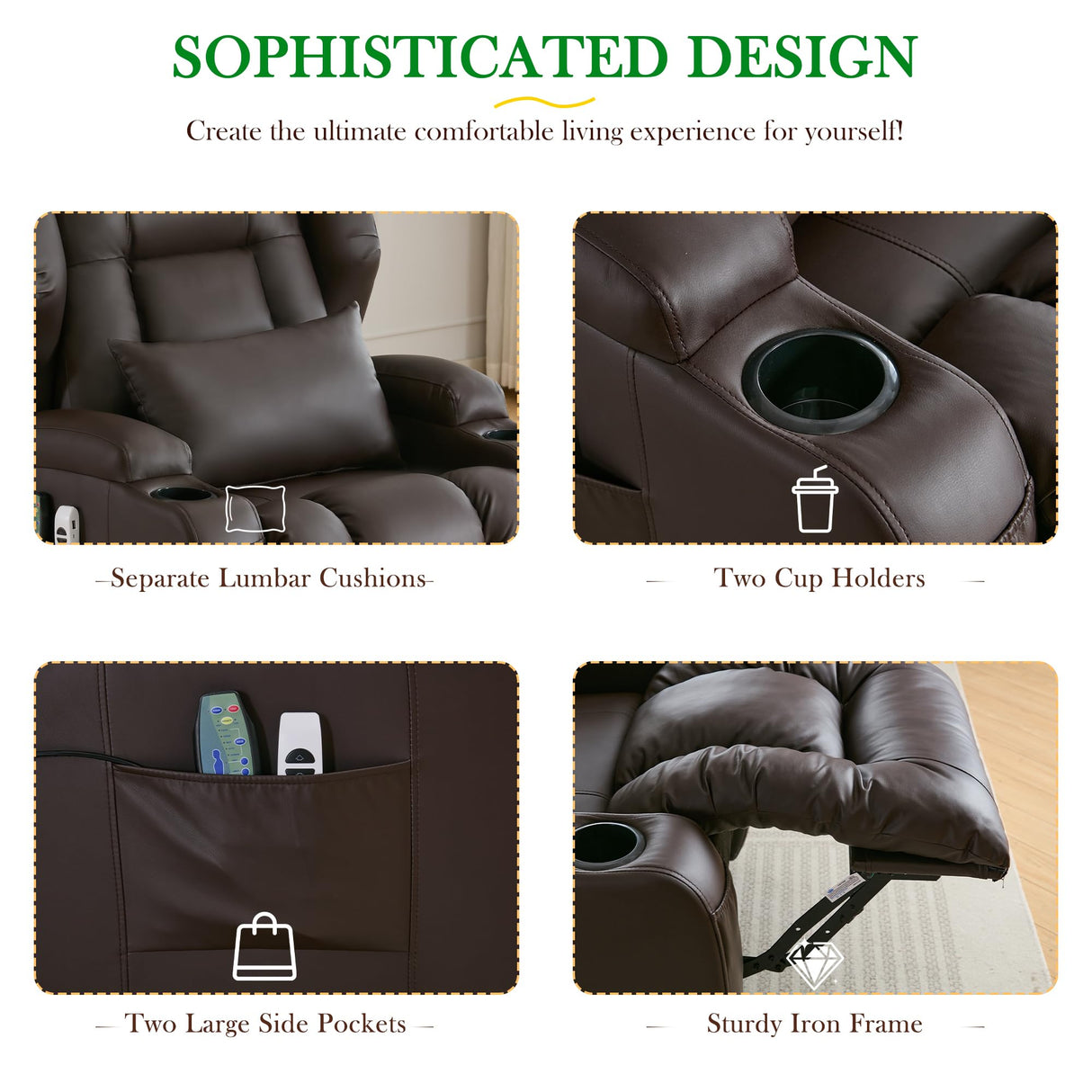 URRED Rocker Recliner Chair for Adults with Vibrating Massage and Heat, 270° Swivel Glider Rocking Chair Nursery Power Reclining Sofa with Ambient Lighting, Cup Holders, Faux Leather, Dark Brown URRED