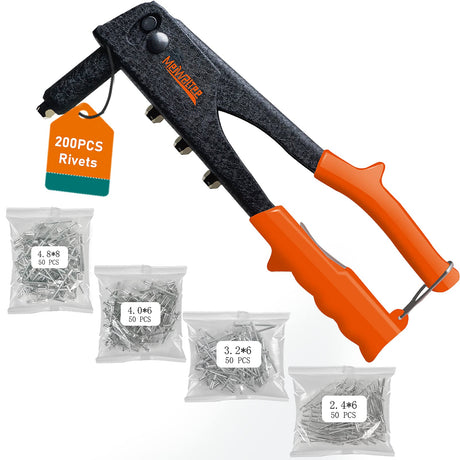 Meiwaltee Rivet gun,Professional Pop Rivet Gun Kit with 200Pcs Rivets, 3/32"-1/8"-5/32"-3/16", Heavy Hand Riveter kit Suitable for Metal work, Gutter, Automotive and other common DIY projects Meiwaltee