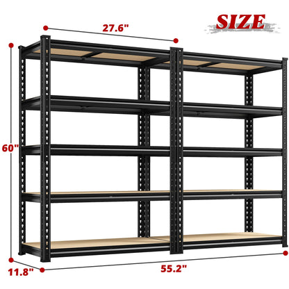 REIBII 5 Tier Storage Shelves 2 Packs Garage Shelving Heavy Duty Load 2000LBS， 60" H x 27.6" W x 11.8" D Adjustable Metal Shelving Unit, Utility Rack Shelf for Basement Pantry Shed Warehouse, Black