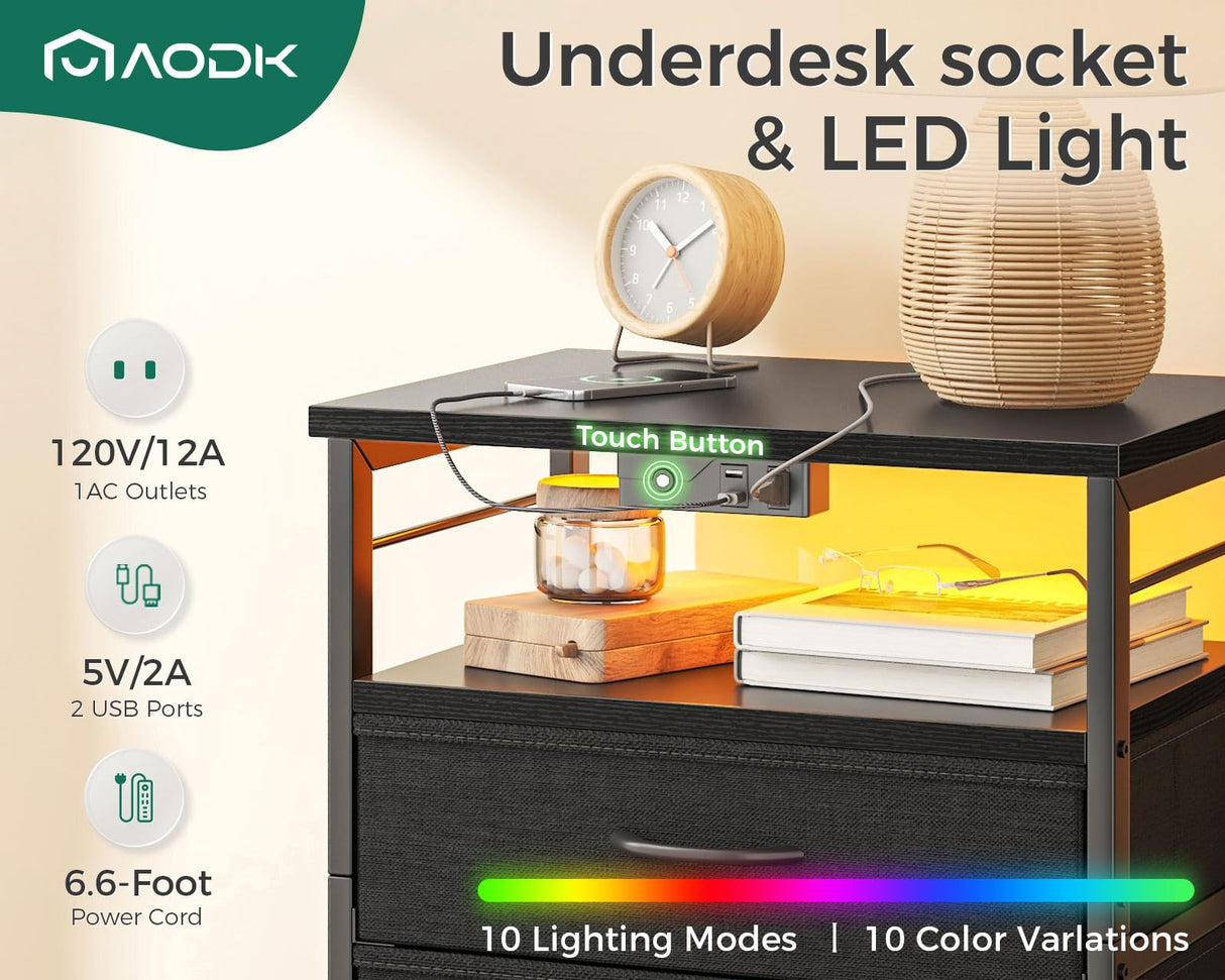 AODK Night Stand with Charging Station, End Table for Bedroom Tall Nightstand with Drawers, Small Nightstand for Bedroom, 4 Tier Storage Bedside Table, Black AODK