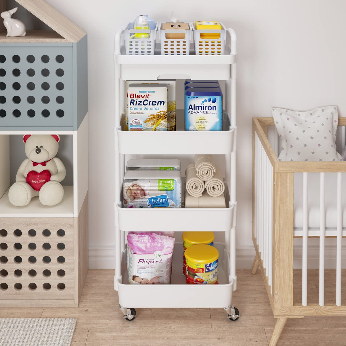 Calmootey 4-Tier Rolling Utility Cart with Drawer,Multifunctional Storage Organizer with Plastic Shelf & Metal Wheel,Storage Cart for Kitchen,Bathroom,Living Room,Office,White Calmootey