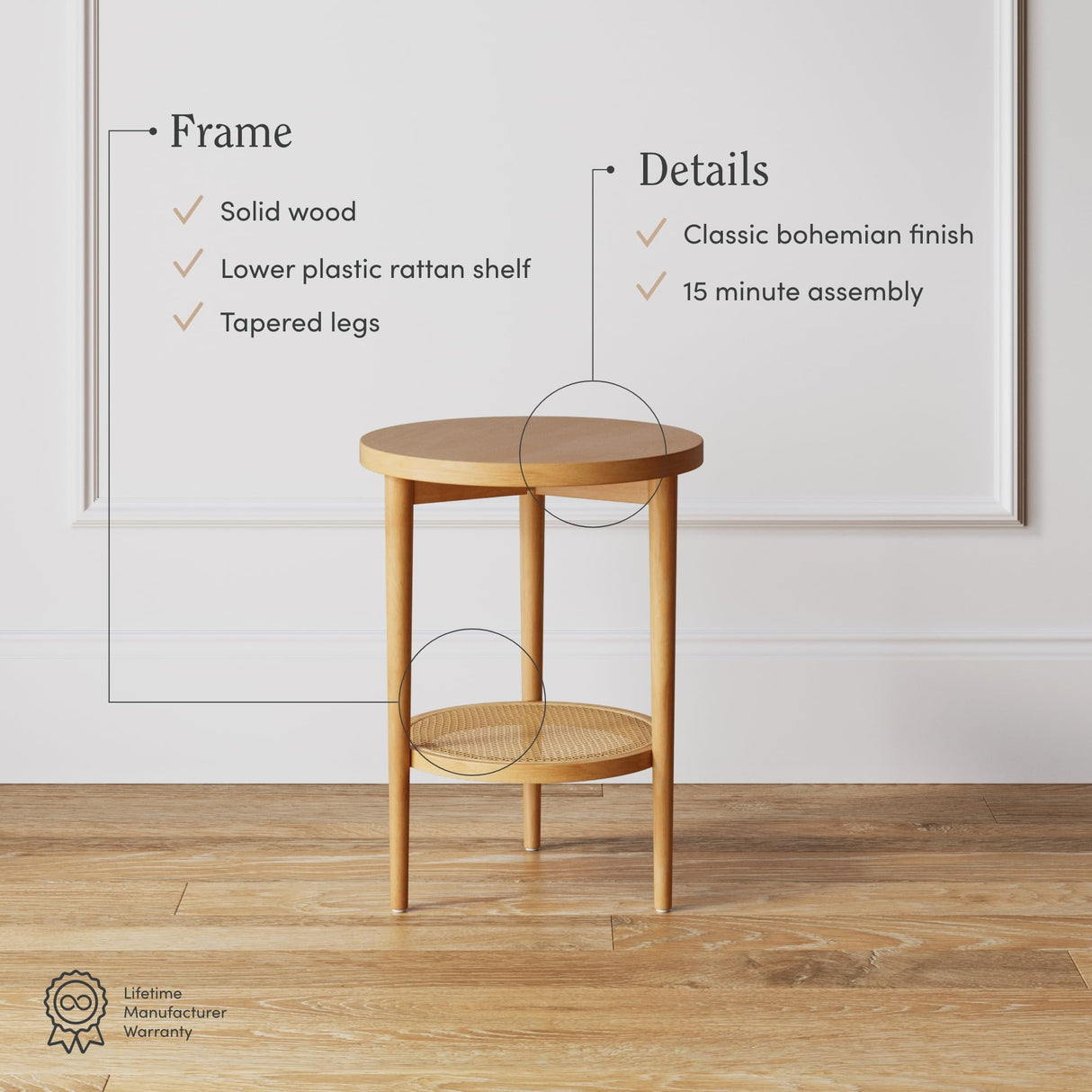 Nathan James Sonia Round Modern Side Accent or End Living Bedroom and Nursery Room, 1 Table, Light Brown Wood Nathan James