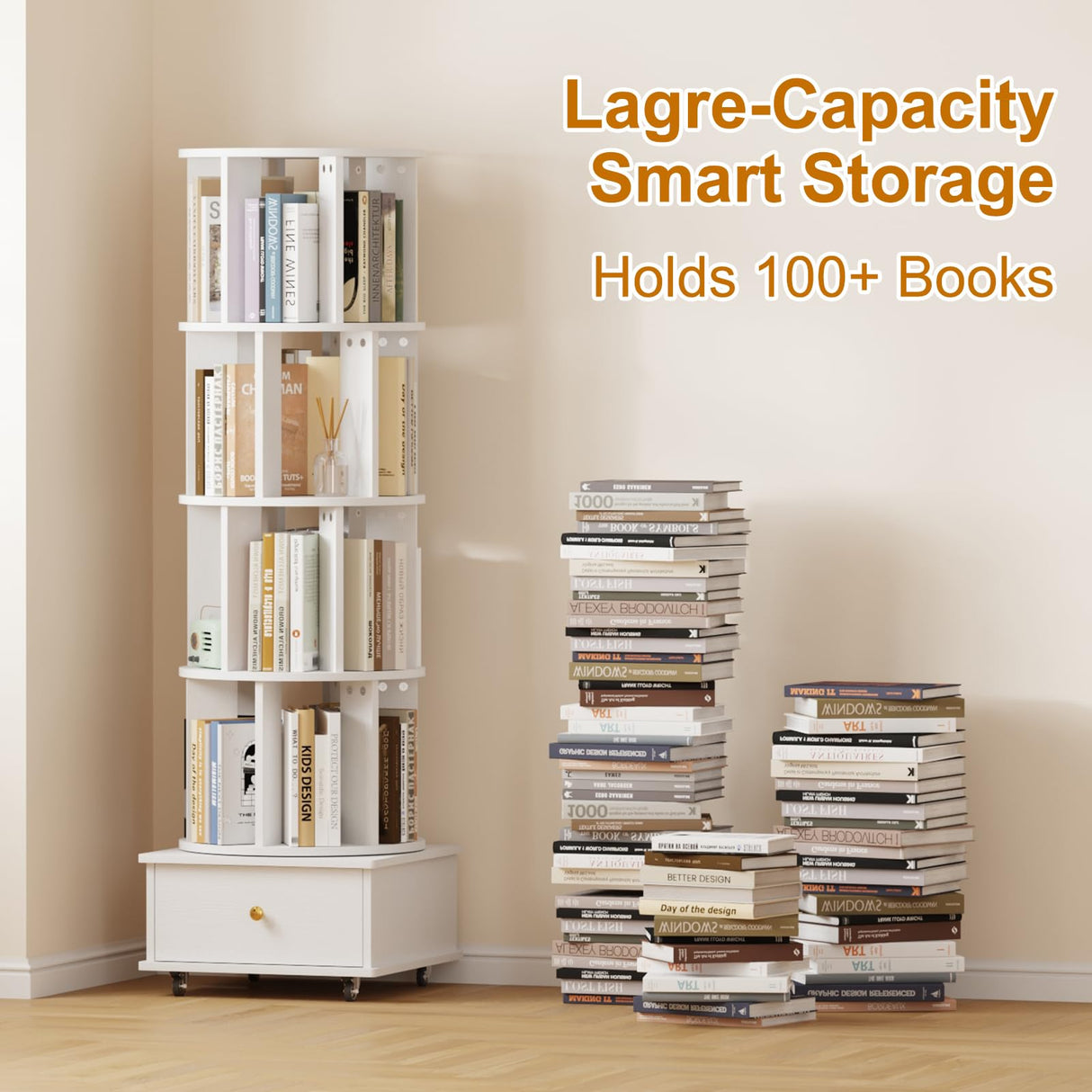 LMSXG-MZ 360° Rotating Bookshelf with Metal Wheels & Drawers for Living Room, Bedroom, Space-Saving Bookcase Organizer & Large Capacity Display Rack (4-Tier) LMSXG-MZ
