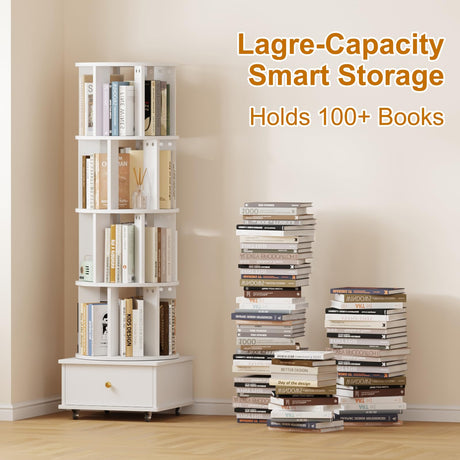 LMSXG-MZ 360° Rotating Bookshelf with Metal Wheels & Drawers for Living Room, Bedroom, Space-Saving Bookcase Organizer & Large Capacity Display Rack (4-Tier) LMSXG-MZ