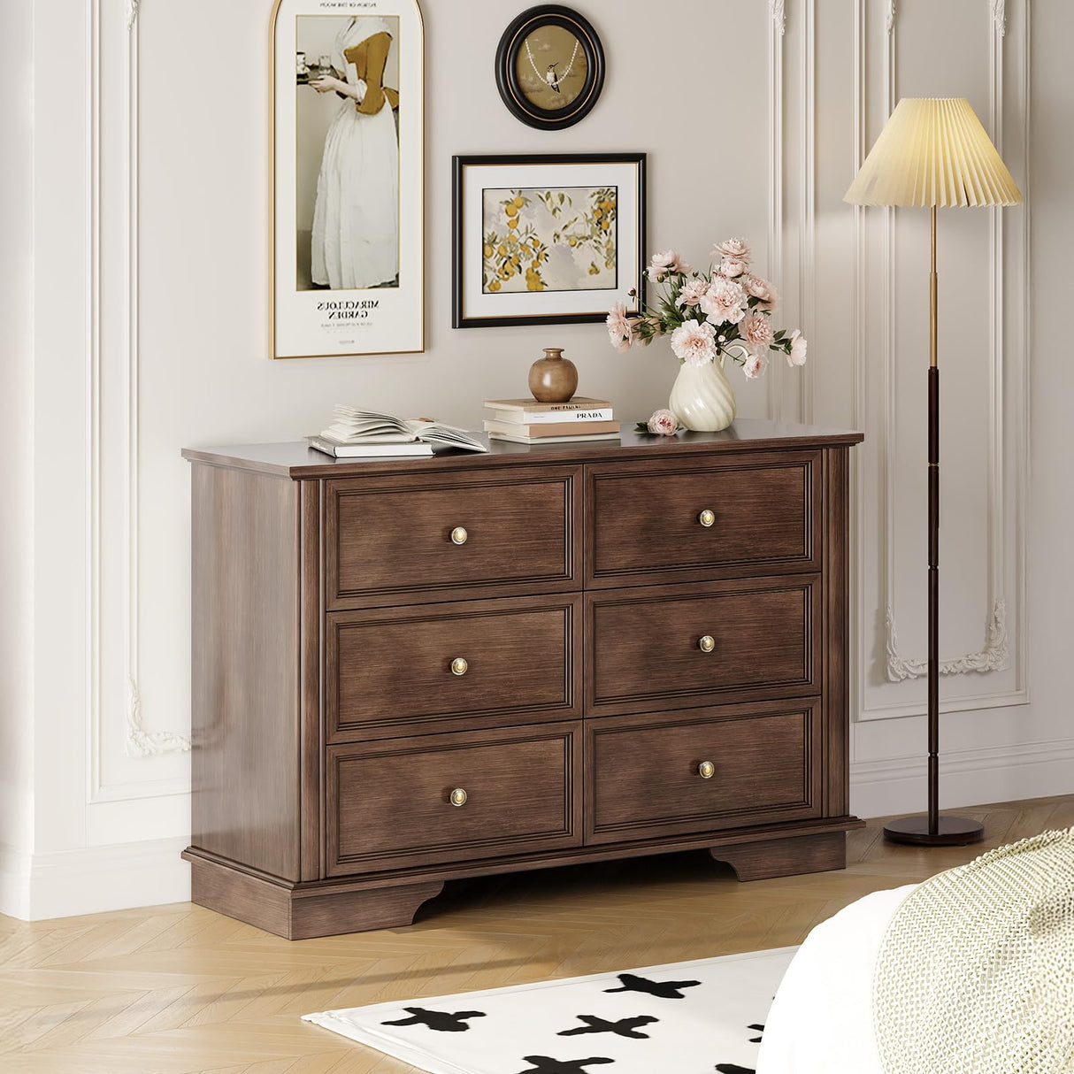 VINGLI 6 Drawer Dresser Wood, 47" Long Dresser for Bedroom, Chest of Drawers, French Vintage Brown Dressers for Living Room, Hallway, 47.24" W*15.75D*31.5" H VINGLI