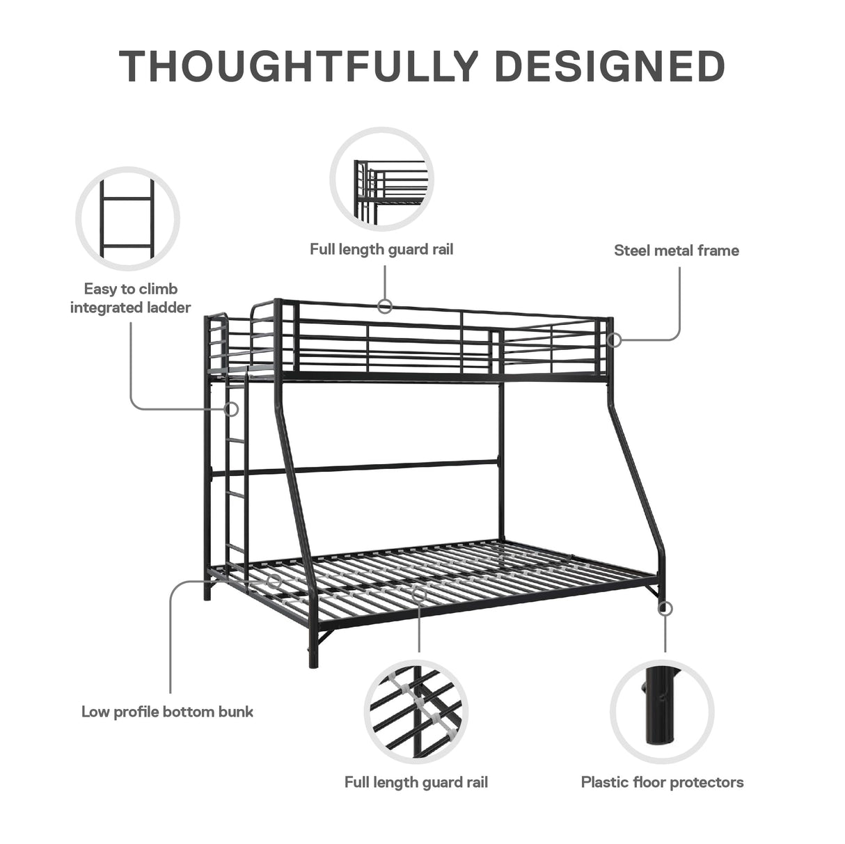 DHP Daven Quick-Assembly Twin-Over-Full Metal Bunk Bed with Ladder and Guardrails, Black DHP