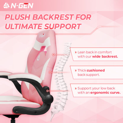 N-GEN Video Gaming Computer Chair Ergonomic Office Chair Desk Chair with Lumbar Support Flip Up Arms Adjustable Height Swivel PU Leather Executive with Wheels for Adults Women Men (Pink)