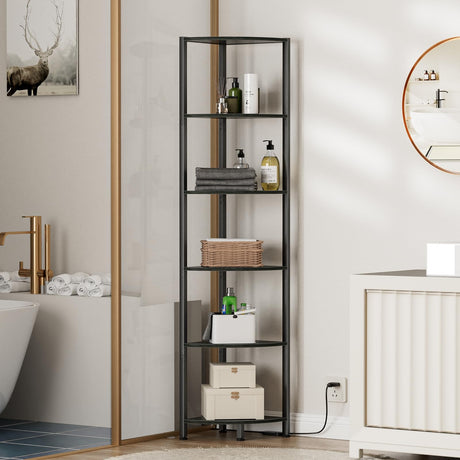 Furnulem 6 Tier LED Corner Shelf - 67.5” Tall Black Oak Storage and Display Unit Furnulem