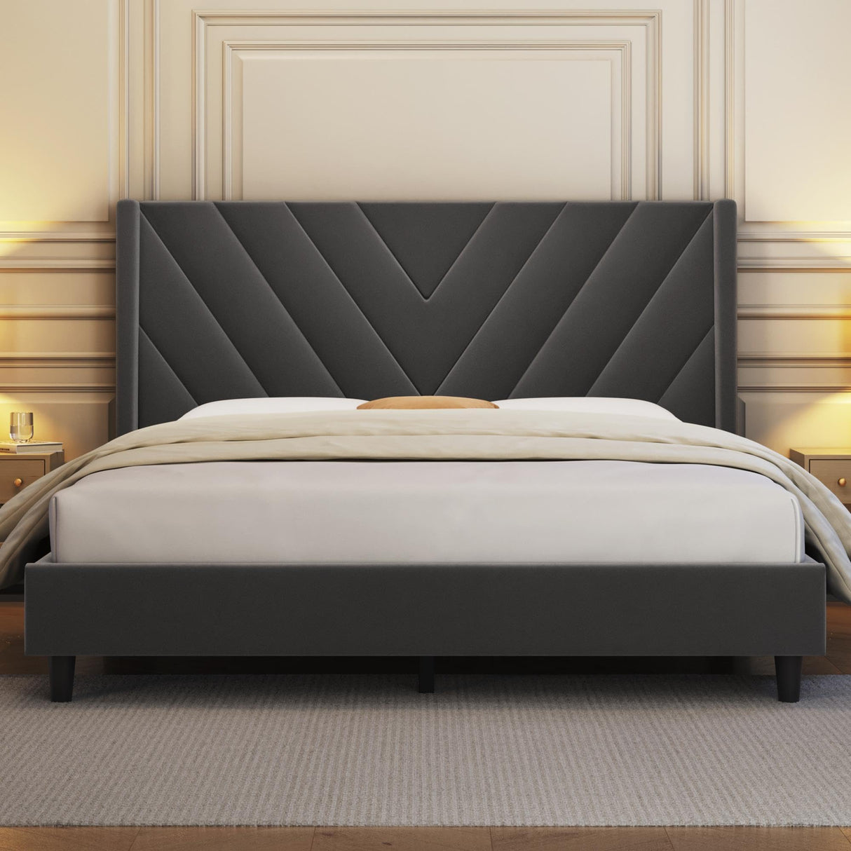 Yaheetech Queen Bed Frame Upholstered Platform Bed with Wing Side/Wooden Slat Support/Tufted Headboard with Wing Side/Mattress Foundation/No Box Spring Needed,Dark Gray Queen Bed Yaheetech