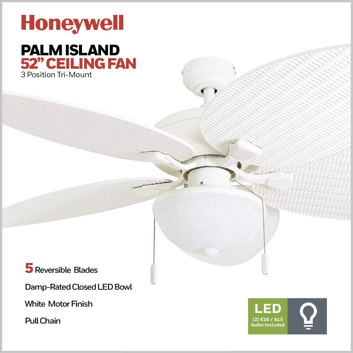 Honeywell Ceiling Fans Inland Breeze, 52 Inch Tropical Indoor Outdoor Ceiling Fan with Light, Pull Chain, Three Mount Options, Weather Resistant Blades - 50511-01 (White) Honeywell Ceiling Fans